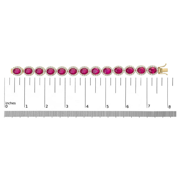 14K Yellow Gold 6 2/5 Cttw Diamond and 34.0 Cttw Oval Red Ruby Halo Link Bracelet (I-J Color, SI1-SI2 Clarity) - 7.25