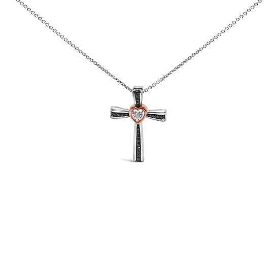 14K Rose Gold Plated Sterling Silver Black Rhodium Diamond Accent Heart Cross Pendant Necklace-0