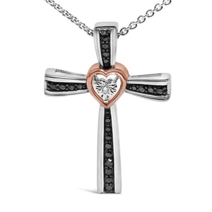 14K Rose Gold Plated Sterling Silver Black Rhodium Diamond Accent Heart Cross Pendant Necklace-1