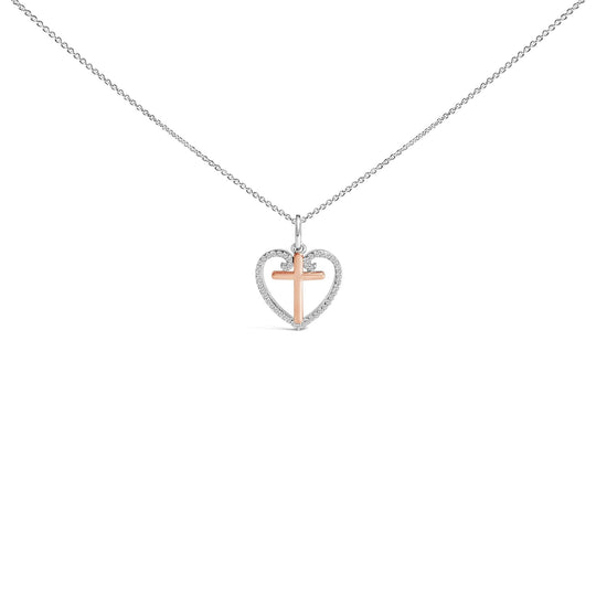 14K Rose Gold Plated Sterling Silver 1/5 Cttw Diamond Heart Cross Pendant Necklace-0