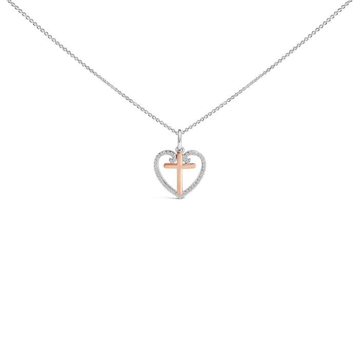 14K Rose Gold Plated Sterling Silver 1/5 Cttw Diamond Heart Cross Pendant Necklace