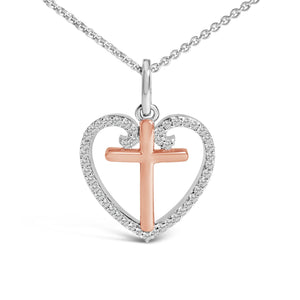 14K Rose Gold Plated Sterling Silver 1/5 Cttw Diamond Heart Cross Pendant Necklace-1