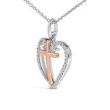 14K Rose Gold Plated Sterling Silver 1/5 Cttw Diamond Heart Cross Pendant Necklace-3 thumbnail 4