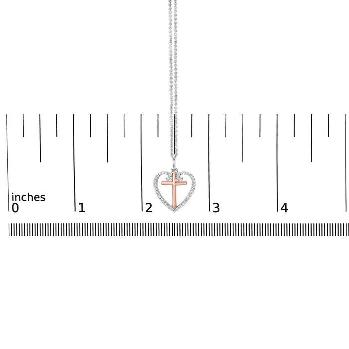 14K Rose Gold Plated Sterling Silver 1/5 Cttw Diamond Heart Cross Pendant Necklace