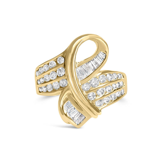 14K yellow gold bypass ring with channel-set round diamond stones