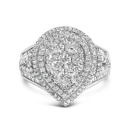 925 sterling silver ring with pear-shaped diamond in triple halo cluster setting