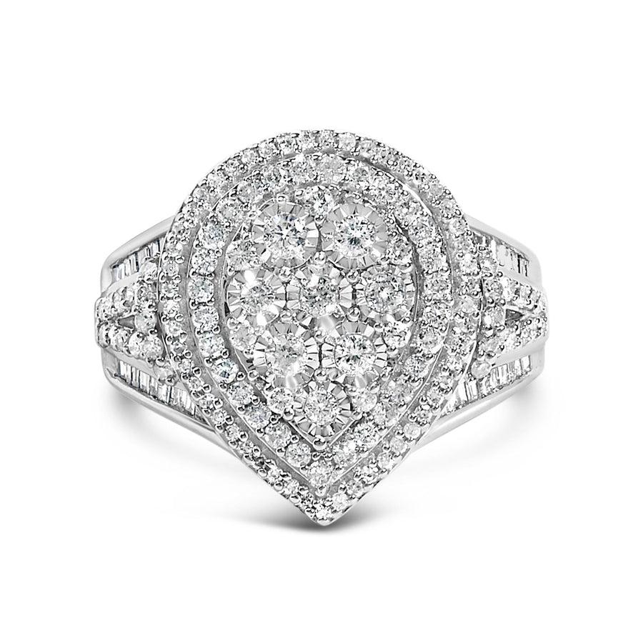 Sterling Silver 1 Cttw Diamond Pear-Shaped Triple Halo Cluster Ring