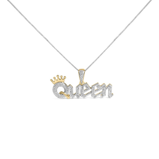 14K Yellow Gold Plated Sterling Silver 1/10 Cttw Diamond “Queen” Nameplate Pendant Necklace-0