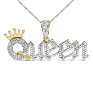 14K Yellow Gold Plated Sterling Silver 1/10 Cttw Diamond “Queen” Nameplate Pendant Necklace-1