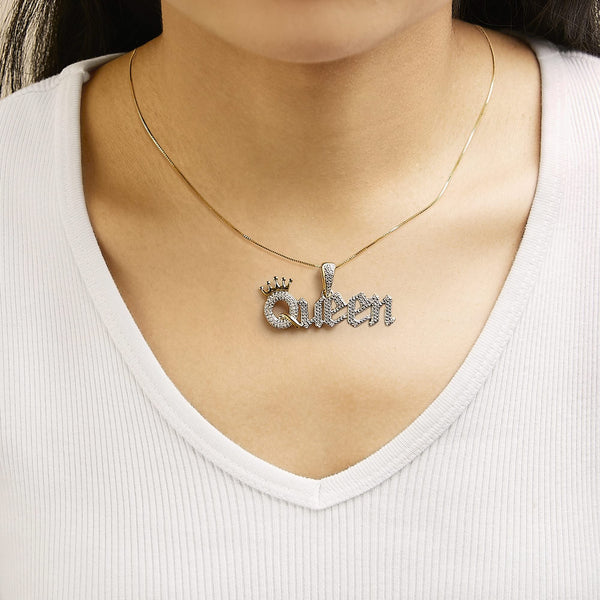 14K Yellow Gold Plated Sterling Silver 1/10 Cttw Diamond “Queen” Nameplate Pendant Necklace