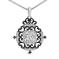Black Rhodium Plated Sterling Silver 3/4 Cttw Diamond Ornate Medallion Pendant Necklace