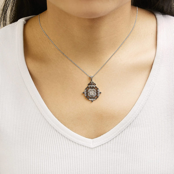 Black Rhodium Plated Sterling Silver 3/4 Cttw Diamond Ornate Medallion Pendant Necklace