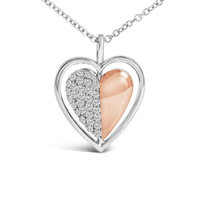 10K Rose Gold Plated Sterling Silver 1/5 Cttw Diamond Two-Tone Heart Pendant Necklace-1