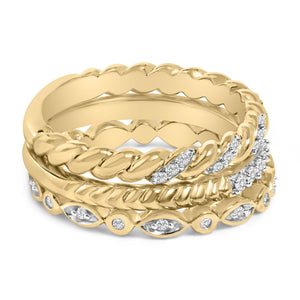 14K Yellow Gold Plated Sterling Silver 1/4 Cttw Diamond Twist Leaf Stackable Ring Set-1