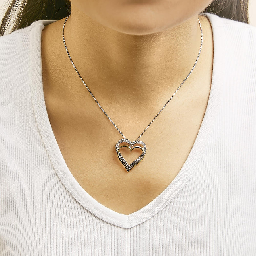14K Yellow Gold Plated Sterling Silver 1.00 Cttw Diamond Double Heart Pendant Necklace