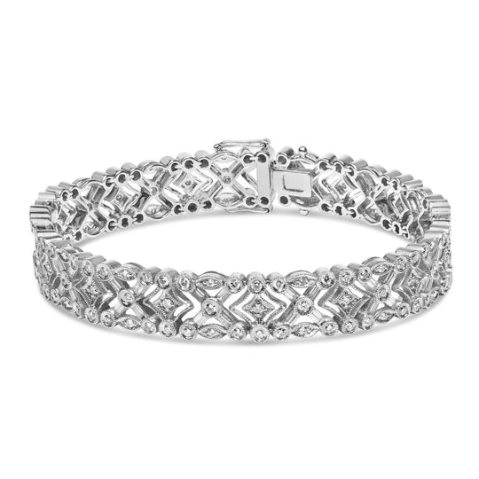 18K White Gold 3 3/4 Cttw Baguette and Round Diamond Art Deco Vintage-Inspired Link Bracelet (G-H Color, VS1-VS2 Clarity) - 7"-0