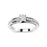 14K white gold solitaire ring with pavé diamond band and central round diamond thumbnail 1