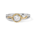 14K two-tone gold ring with round diamond halo and split shank