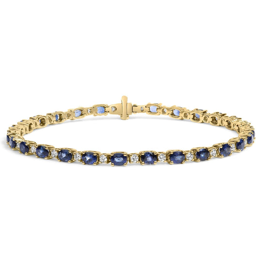18K Yellow Gold 3/4 Cttw Diamond and 5 1/3 Cttw Oval Blue Sapphire Alternating Link Bracelet (G-H Color, VS1-VS2 Clarity)  - 7.25" Inches-0