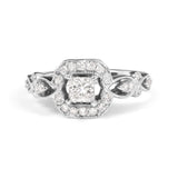 14K white gold ring with halo diamond stones and woven shank thumbnail 1