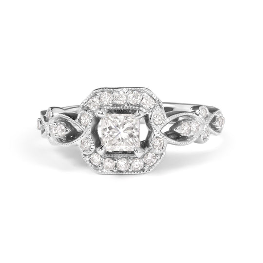 14K White Gold Diamond 3/4 Cttw Diamond Halo Style and Woven Shank Engagement Ring (G-H Color, VS2-SI1 Clarity) - Size 7-0
