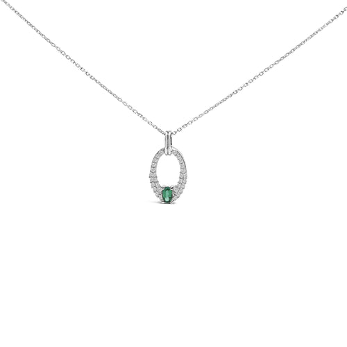 .925 Sterling Silver Created Green Emerald and White Sapphire Oval Shaped Pendant Necklace - 18