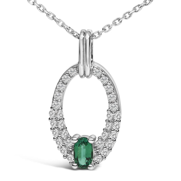 .925 Sterling Silver Created Green Emerald and White Sapphire Oval Shaped Pendant Necklace - 18
