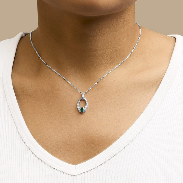 .925 Sterling Silver Created Green Emerald and White Sapphire Oval Shaped Pendant Necklace - 18