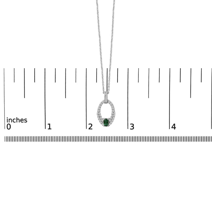 .925 Sterling Silver Created Green Emerald and White Sapphire Oval Shaped Pendant Necklace - 18