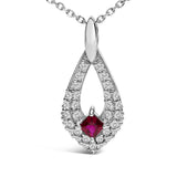 .925 Sterling Silver Created Red Ruby and White Sapphire Pear Shaped Pendant Necklace - 18