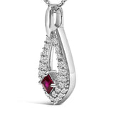 .925 Sterling Silver Created Red Ruby and White Sapphire Pear Shaped Pendant Necklace - 18