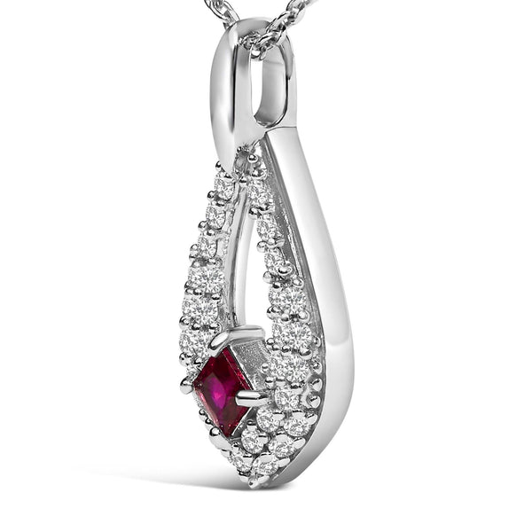 .925 Sterling Silver Created Red Ruby and White Sapphire Pear Shaped Pendant Necklace - 18