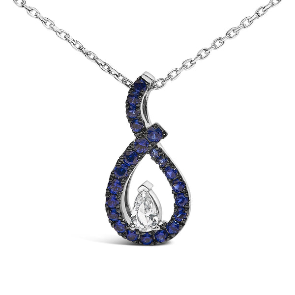 .925 Sterling Silver Created Blue and White Sapphire Teardrop Shaped Pendant Necklace - 18