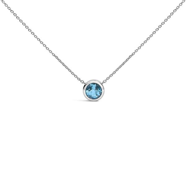 .925 Sterling Silver 7MM Bezel Set Created Gemstone Pendant Necklace - 18