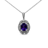 .925 Sterling Silver Diamond Accent and 9x7mm Purple Oval Amethyst Gemstone Pendant 18