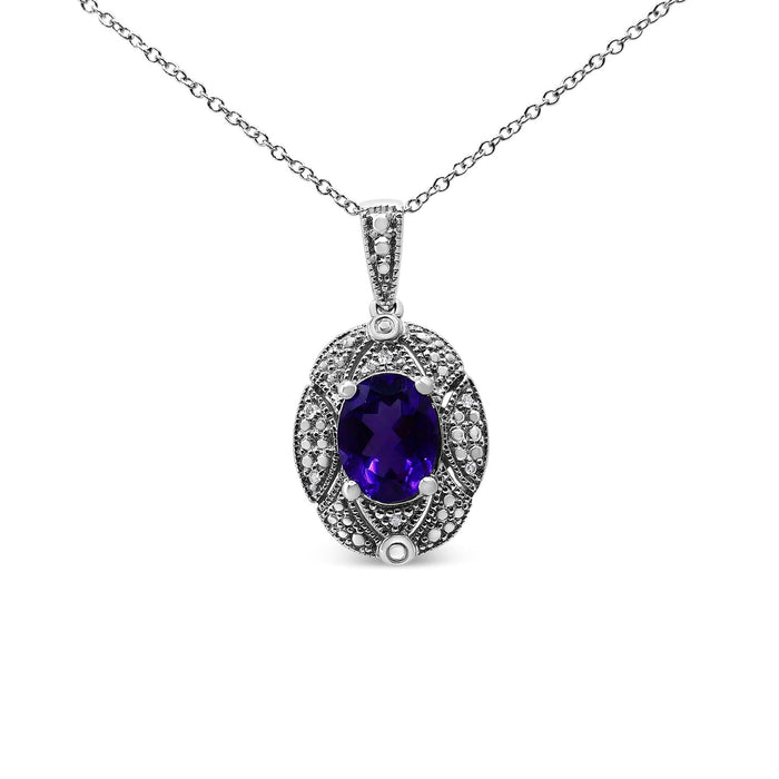 .925 Sterling Silver Diamond Accent and 9x7mm Purple Oval Amethyst Gemstone Pendant 18