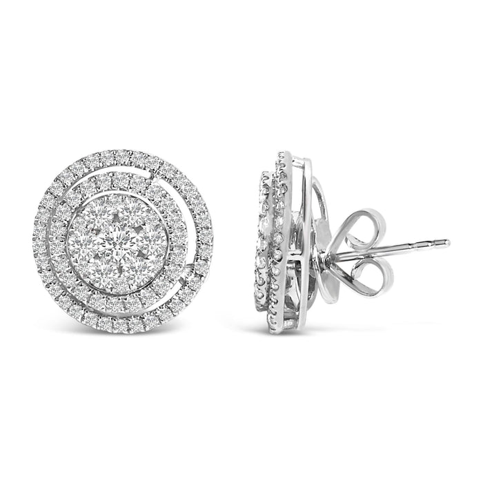 14K Gold 1 3/8 Cttw Diamond Cluster and Double Halo Stud Earring (G-H Color, SI1-SI2 Clarity)