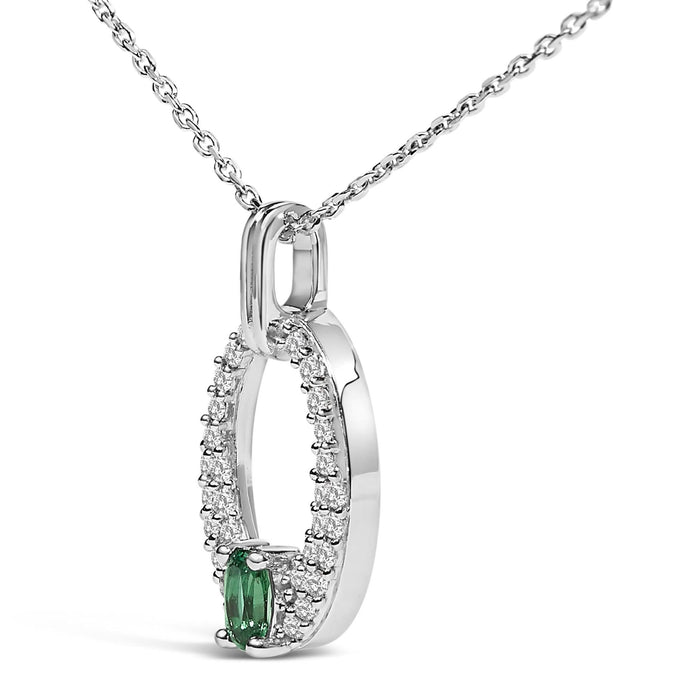 .925 Sterling Silver Created Green Emerald and White Sapphire Oval Shaped Pendant Necklace - 18