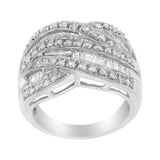 .925 Sterling Silver 1.0 Cttw Channel Set Alternating Round and Baguette Diamond Cross-over Bypass Ring Band (I-J Color, I2-I3 Clarity)-2 thumbnail 3