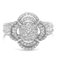 14K White Gold 1.0 Cttw Round & Baguette Cut Diamond Floral Cluster Quatrefoil Channel Set Band Cocktail Statement Ring (H-I Color, SI2-I1 Clarity)