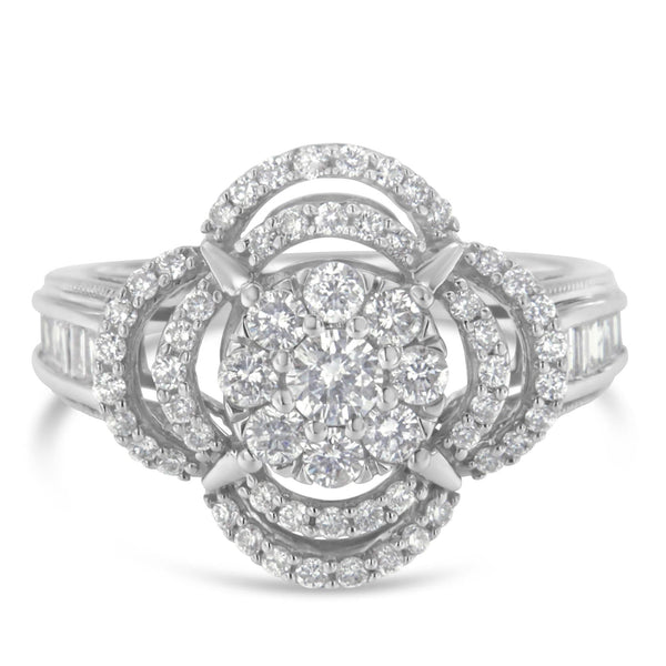 14K White Gold 1.0 Cttw Round & Baguette Cut Diamond Floral Cluster Quatrefoil Channel Set Band Cocktail Statement Ring (H-I Color, SI2-I1 Clarity)