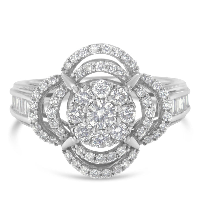 14K White Gold 1.0 Cttw Round & Baguette Cut Diamond Floral Cluster Quatrefoil Channel Set Band Cocktail Statement Ring (H-I Color, SI2-I1 Clarity)