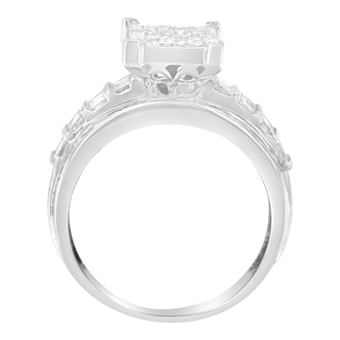 14K White Gold 2.0 Cttw Mixed-Cut Diamond Rectangle Invisible-Set Composite Cluster Ring with Bar- and Channel-Set Band (H-I Color, SI2-I1 Clarity)