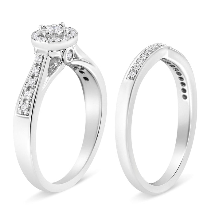 .925 Sterling Silver 1/3 Cttw Diamond Halo and Pave Shank Engagement Ring Set (I-J Color, I3 Clarity)