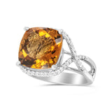 14K White Gold 12mm Cushion Cut Yellow Citrine Gemstone and 1/3 Cttw Round Pave-Set Diamond Ring - (H-I Color, VS1-VS2 Clarity)-2 thumbnail 3