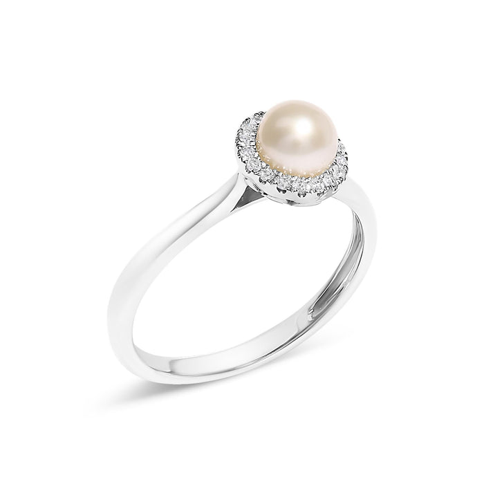 10K White Gold 5MM Cultured Freshwater Pearl  and Diamond Halo Ring (I-J Color, I1-I2 Clarity)