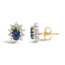 14K Yellow Gold 1/4 Cttw Diamond and Blue Sapphire Sunburst Halo Stud Earrings (K-L Color, I1-I2 Clarity)-2
