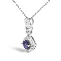 10K White Gold Blue Purple Tanzanite and Diamond Accent Cushion Drop Pendant Necklace - 18