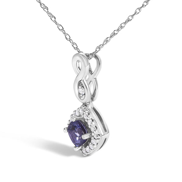 10K White Gold Blue Purple Tanzanite and Diamond Accent Cushion Drop Pendant Necklace - 18
