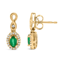 10K Yellow Gold Oval Cut Green Emerald 5x3 mm and 1/7 Cttw Round Diamond Dangle Earrings-2